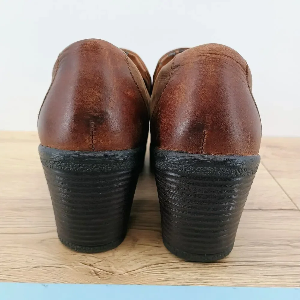 Boc Born Heeled Shoe Womens 8 Brown Leather Slip On Block Heel Comfort Shoes